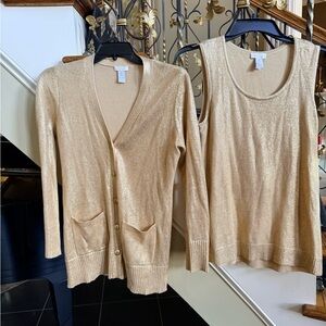 Chico’s Gold Metallic long Cardigan/w  buttons & pockets & matching cami.0 EUC